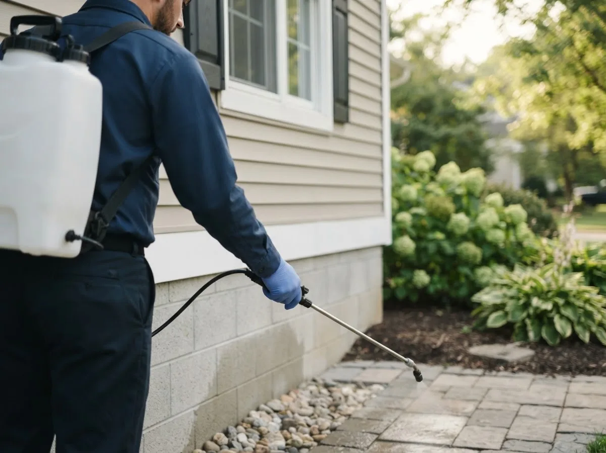 Pest control technician inspecting a home in Triadelphia, WV